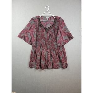 Catherines Pink Purple Paisley Beaded V-Neck Pleated Tunic Women's Plus 2X